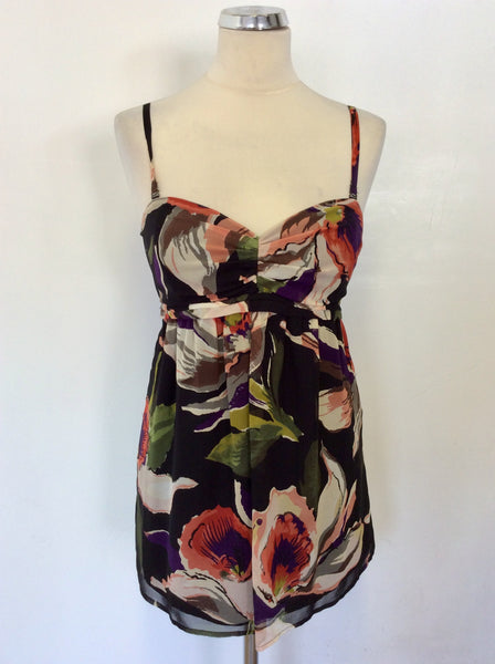 TED BAKER BLACK & MULTI COLOURED FLORAL PRINT SILK TOP SIZE 3 UK 12
