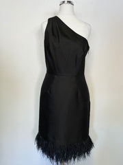 LK BENNETT BLACK RIBBON LABEL BLACK ONE SHOULDER FEATHER TRIM COCKTAIL DRESS SIZE 8