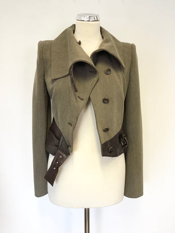 ARMANI COLLEZIONI BROWN WOOL BLEND WITH LEATHER TRIM JACKET & TROUSER SUIT SIZE 40 UK 8