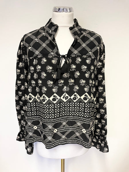 WHISTLES BLACK & CREAM PRINT 100% SILK LONG SLEEVED TOP SIZE 16