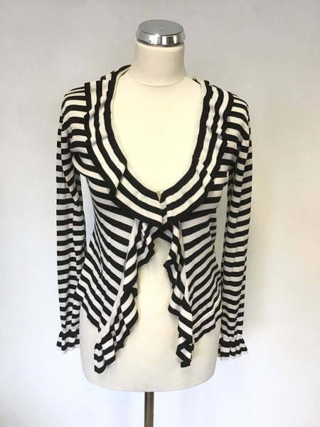HOBBS BLACK & WHITE STRIPE COTTON & SILK FRILL TRIM V NECK LONG SLEEVE CARDIGAN SIZE 10