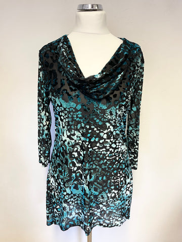UNBRANDED BLACK & TURQUOISE VELOUR PRINT COWL NECK 3/4 SLEEVE TUNIC TOP SIZE M