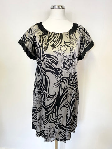 TED BAKER BLACK & SILVER GREY SILK CAP SLEEVE SHIFT DRESS SIZE 2 UK 10/12