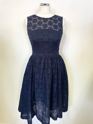 FRENCH CONNECTION NAVY BRODIERE ANGLAISE SLEEVELESS FIT & FLARE DRESS SIZE 8