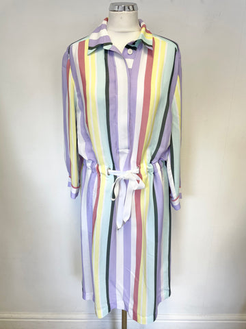 RIANI MULTI COLOURED PASTEL STRIPE 3/4 SLEEVE TIE WAIST SHIRT DRESS SIZE 14