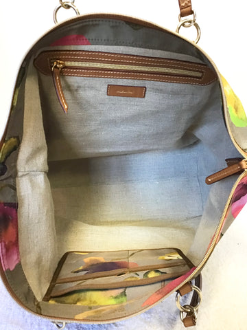 ITALIAN ROBERTA PIOU TAN LEATHER & FLORAL PATTERN FABRIC SHOULDER SHOPPER BAG