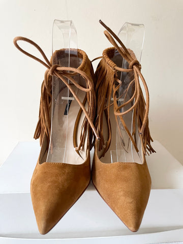 BRAND NEW ZARA TAN FAUX SUEDE FRINGE TRIM HEELS SIZE 5/38