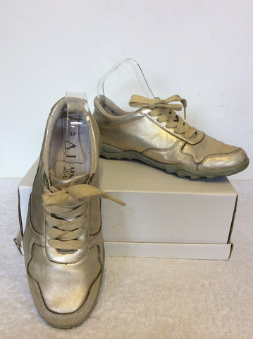 ARMANI JEANS PALE GOLD LEATHER LACE UP TRAINERS SIZE 4/37