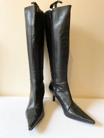 LK BENNETT BLACK LEATHER POINTED TOE KNEE LENGTH BOOTS SIZE 5/38