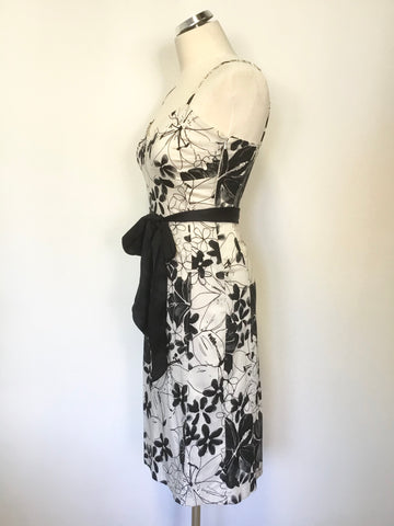 COAST BLACK & IVORY FLORAL PRINT TIE BELT STRAPPY PENCIL DRESS SIZE 10
