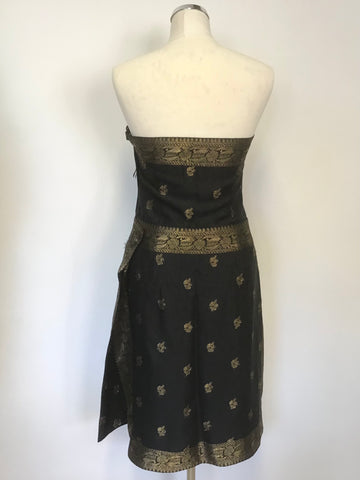 PAUL SMITH BLACK & GOLD SILK BLEND STRAPLESS WRAP ACROSS DRESS SIZE 40 UK 8