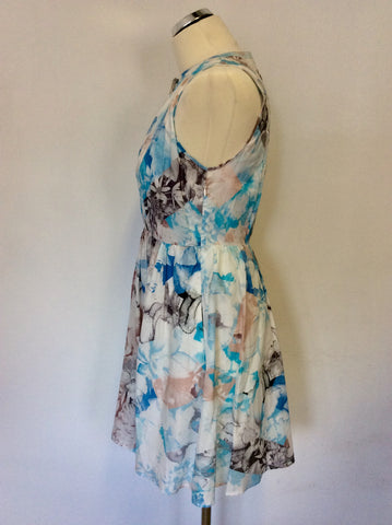 REISS 1971 LUCIANA WHITE & BLUE PRINT COTTON SLEEVELESS DRESS SIZE 8