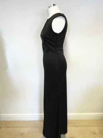 LIPSY BLACK LACE & SEQUIN TRIMMED SLEEVELESS LONG EVENING DRESS SIZE 10