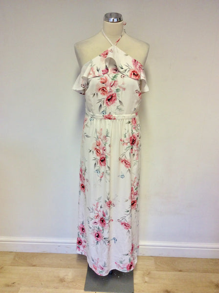 MONSOON WHITE FLORAL PRINT HALTERNECK MAXI DRESS SIZE 18
