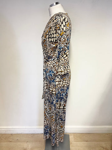 ONJENU LONDON MULTI COLOURED PRINT BELTED JUMPSUIT SIZE 10