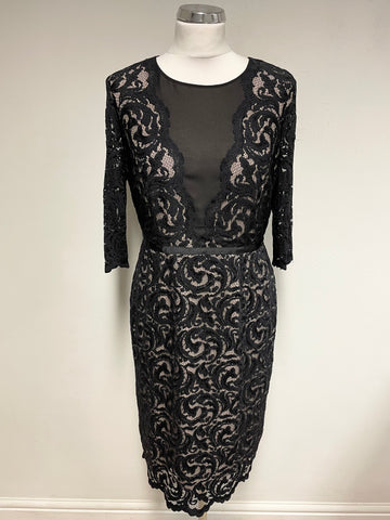 HOBBS BLACK LACE OVER BEIGE HALF SLEEVE SPECIAL OCCASION PENCIL DRESS SIZE 12