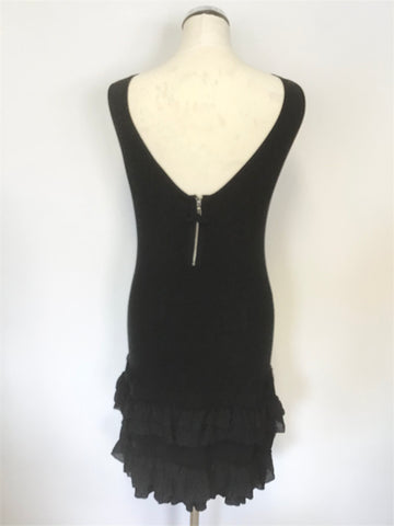 KAREN MILLEN BLACK SLEEVELESS FRILL TRIM KNIT DRESS SIZE 3 UK 10/12