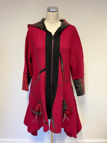 JOE BROWN RED & BLACK EMBROIDERED WOOL BLEND HOODED KNEE LENGTH COAT SIZE 10