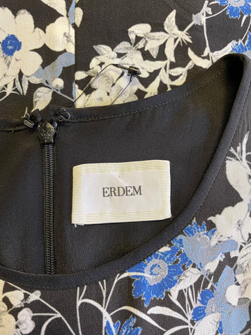 BRAND NEW ERDEM BLACK,BLUE & WHITE FLORAL PRINT SHORT SLEEVE SILK TEA DRESS SIZE 12