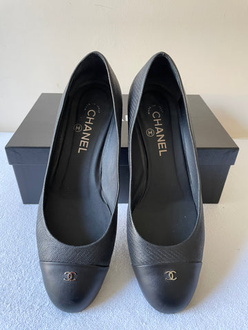 CHANEL BLACK LEATHER BLOCK HEEL COURT SHOES SIZE 6/39