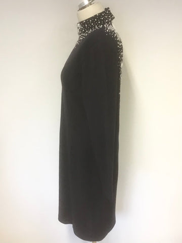 OUTLANDER NAVY BLUE PEARL & JEWEL TRIM LOW V BACK LONG SLEEVE KNIT DRESS SIZE L