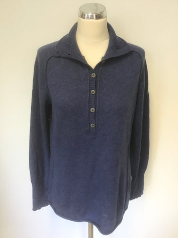 PERUVIAN CONNECTION BLUE 100% ROYAL ALPACA BLUE BUTTON NECK LONG SLEEVE JUMPER SIZE L