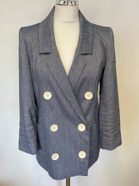 MARKS & SPENCER DENIM BLUE LINEN BLEND 3/4 SLEEVE BLAZER JACKET SIZE 6