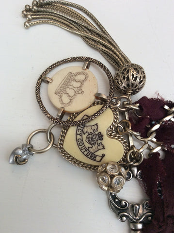 JUICY COUTURE SILVER & BURGUNDY FABRIC WOVEN CUFF WITH PENDANTS