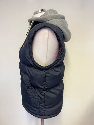 JACK WILLS NAVY BLUE PADDED WITH GREY DETACHABLE HOOD GILET SIZE S
