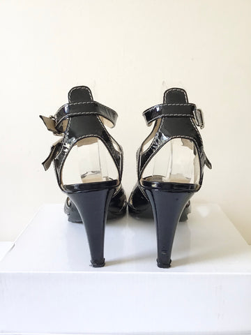 RUSSELL & BROMLEY BLACK PATENT LEATHER HEEL SANDALS SIZE 7/40.5