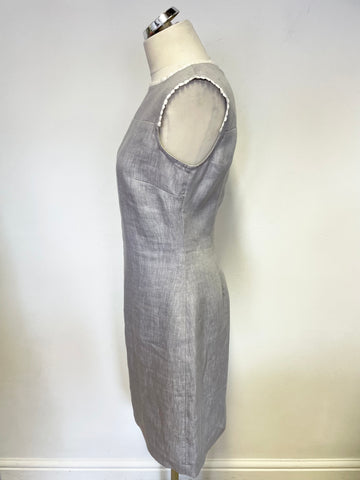 HOBBS GREY LINEN & WHITE TRIM SLEEVELESS SHEATH DRESS SIZE 10