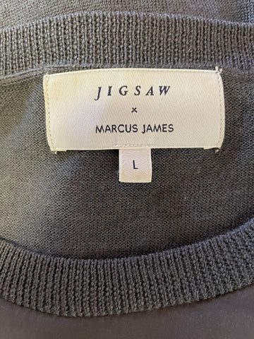 MARCUS JAMES FOR JIGSAW DARK GREY WOOL WITH SILK PRINT FRONT JUMPER SIZE L