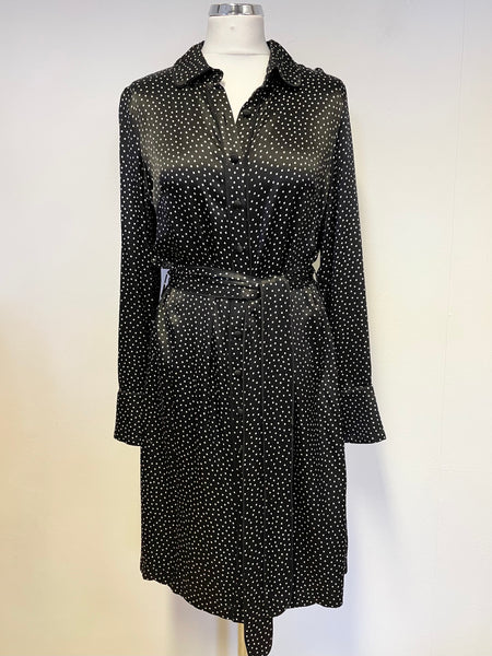 GHOST BLACK & WHITE SPOT LONG SLEEVE TIE WAIST DRESS SIZE S