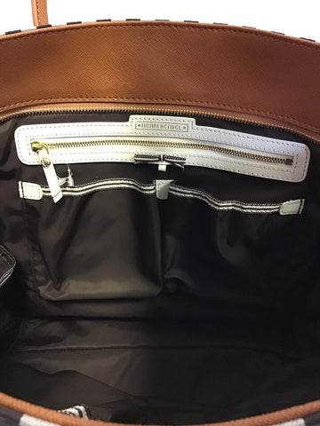 BRAND NEW RARE HENRI BENDEL MISS BENDEL TAN LEATHER & BROWN STRIPE BABY / TRAVEL BAG