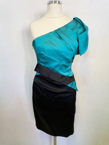 KAREN MILLEN BLACK & TURQUOISE ONE SHOULDER SPECIAL OCCASION DRESS SIZE 10