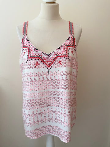 MINT VELVET IVORY, PINK & RED PRINT EMBROIDERED TRIM SLEEVELESS TOP SIZE 16