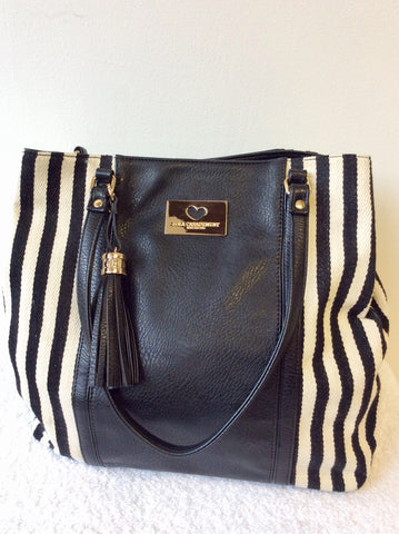 LOLA CASADEMUNT BARCELONA BLACK & CREAM STRIPED SHOULDER BAG