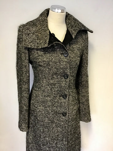 TED BAKER BLACK & WHITE MARL WOOL & MOHAIR KNEE LENGTH COAT SIZE 2 UK 10