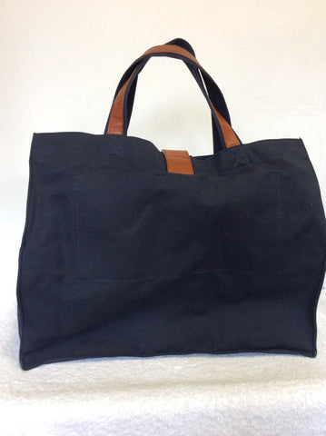 YVES SAINT LAURENT LARGE NAVY BLUE CANVAS & TAN LEATHER HAND/SHOULDER BAG