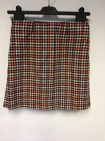 HOBBS CORAL,PEACH,BLACK & WHITE SPOT LAMBSWOOL MINI SKIRT SIZE 10