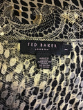 TED BAKER BLACK & GOLD SILK BLEND PLEATED FLARE DRESS SIZE 1 UK 8/10