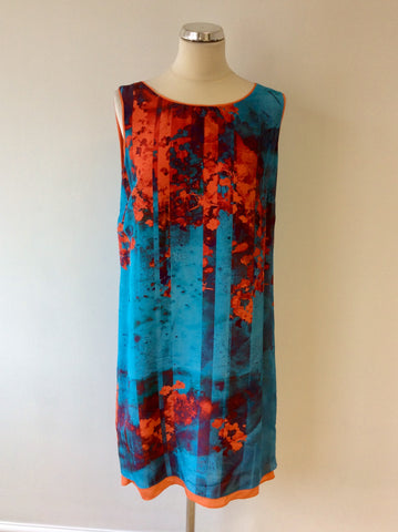 DAMSEL IN A DRESS TURQOUISE & ORANGE PRINT SILK SHIFT DRESS SIZE 14