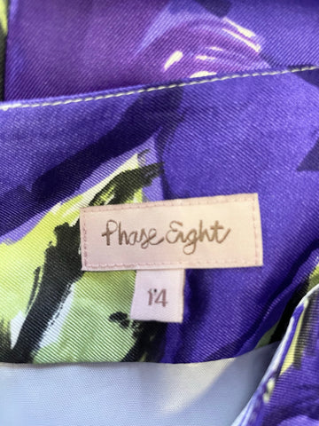 PHASE EIGHT PURPLE FLORAL PRINT SATIN DRAPED FRONT SKIRT SIZE 14