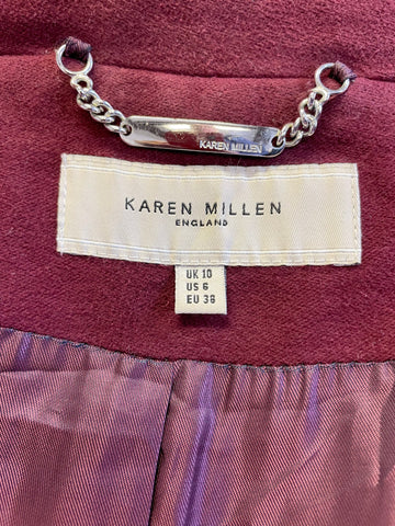 KAREN MILLEN BURGUNDY BRUSHED COTTON BELTED KNEE LENGTH COAT SIZE 10
