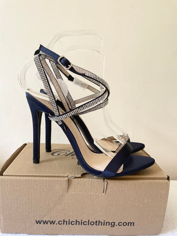 BRAND NEW CHI CHI NAVY BLUE SATIN & DIAMANTE TRIM STRAPPY HEEL SANDALS SIZE 5/38