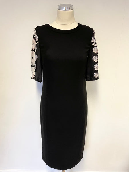 JAEGER BLACK WITH SHORT SILK FLORAL PRINT SLEEVE SHIFT DRESS SIZE 8