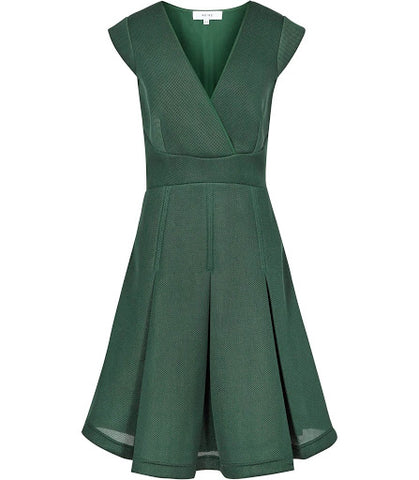REISS RIVIERA GREEN FIT & FLARE CUT OUT BACK VOLUME DRESS SIZE 10