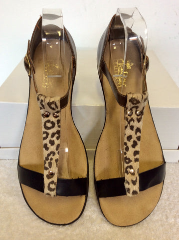 BRAND NEW RIEKER BROWN,LEOPARD PRINT & BLACK STRAPPY LEATHER FLAT SANDALS SIZE 6/39