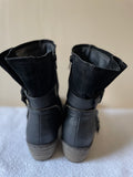 BRAND NEW RIEKER BLACK LEATHER & SUEDE ZIP & BUCKLE TRIM HEELED ANKLE BOOTS SIZE 4/37