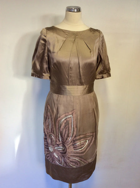COAST COUTURE MOCHA SILK APPLIQUÉ FLOWER TRIM DRESS SIZE 10